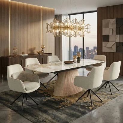 luvon A modern dining room scene featuring a rectangular marble-top dining table extenable dining table for 6 to 8 person with a sculptural ribbed pedestal base