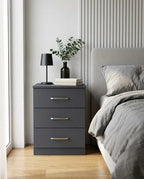 A modern three-drawer nightstand in dark gray 