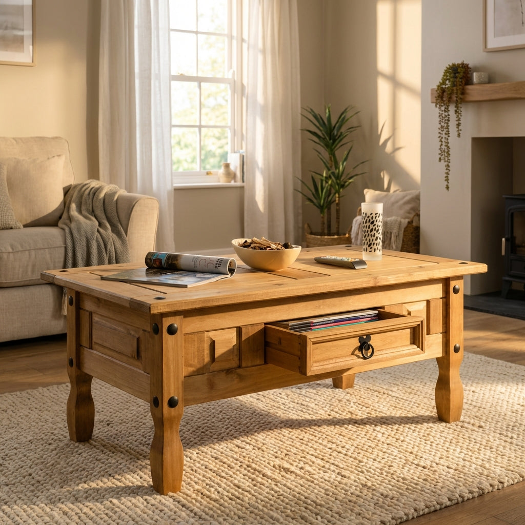 A natural oak coffee table with a single drawer and decorative metal hardware, styled in a warm, sunlit living room next to a sofa and fireplace.