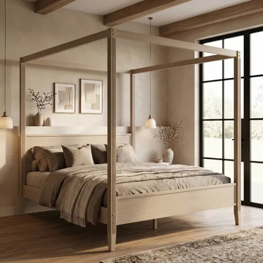 A light natural wood four-poster canopy bed styled in a warm, neutral-toned bedroom