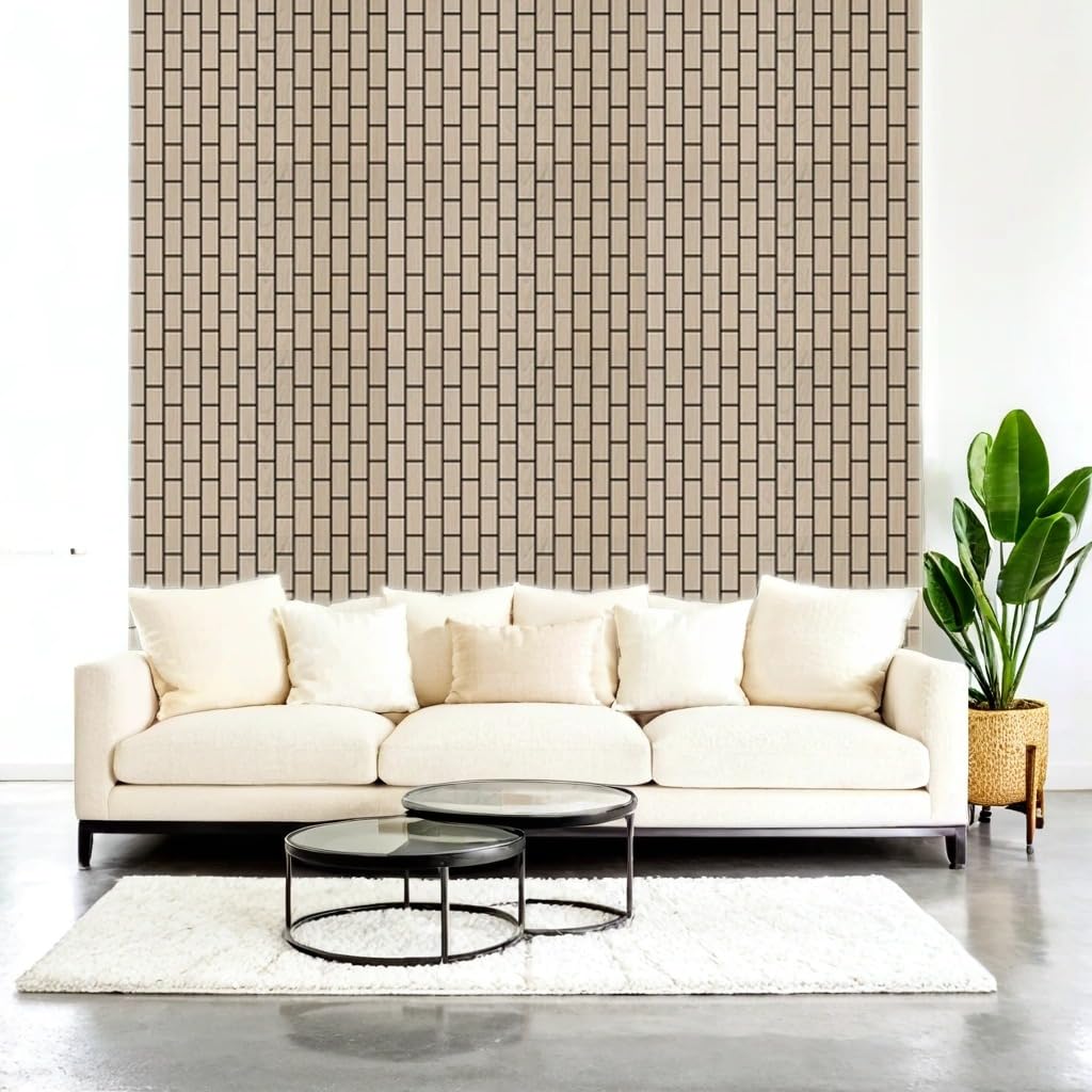 Modern living room with a white sofa, coffee tables, and a plant against a geometric-patterned wall.