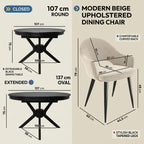 A product infographic showing a modern upholstered dining chair with dimension callouts for closed and extended states, alongside a separate round dining table. The chair is labeled as beige/cream upholstery with black legs, and the table is black.