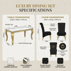 A product specification and details infographic for a dining set, showing a table and chair with labeled dimensions, material callouts, and feature explanations on a beige background.