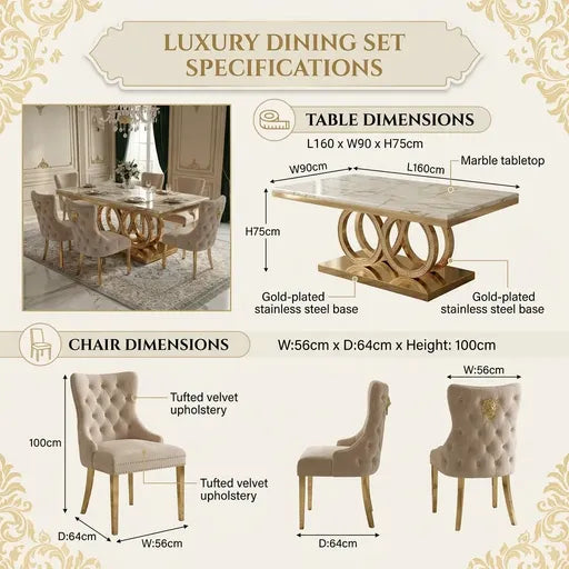 A product specification infographic for a luxury dining set, showing table and chair dimensions with labeled measurements and a small lifestyle inset photo of the set in a dining room.