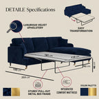 A product specification and feature diagram for a navy velvet sectional sofa bed. The image includes a large rendered sofa bed showing its dimensions (181 cm length, 113 cm width, 46 cm height), a smaller top-down view showing its transformation into a coffee table, and color swatches of the navy velvet fabric.