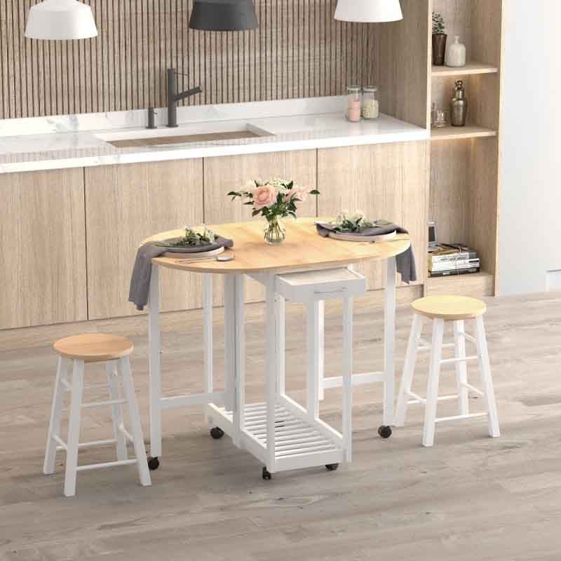 3 Piece Wooden Folding Dining Table Set with 2 Stools – 1020mm White & Pine | Space-Saving Compact Dining Furniture UK