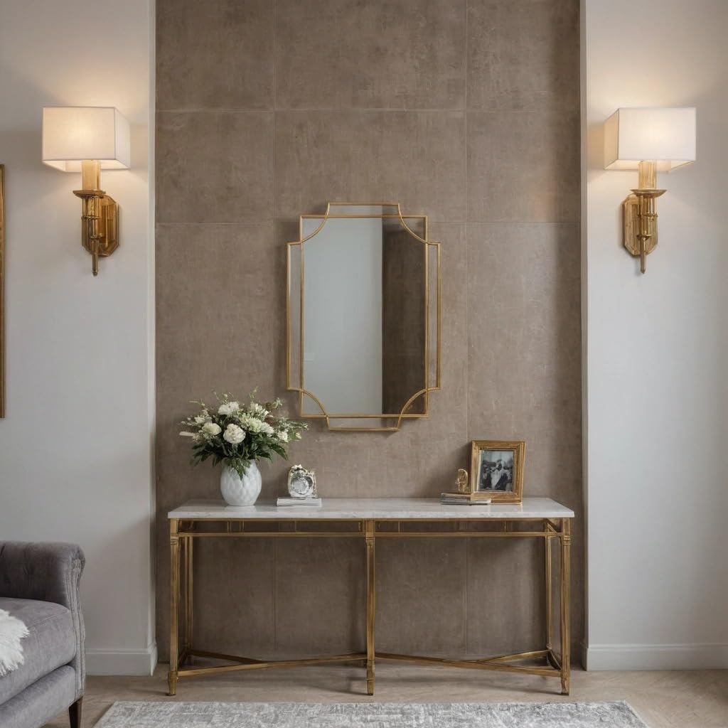 Decorative console table with mirror, lamp, and decor items against a textured wall.