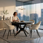  round dark dining table with four upholstered cream chairs in a modern dining room with large floor-to-ceiling windows overlooking a city skyline.
