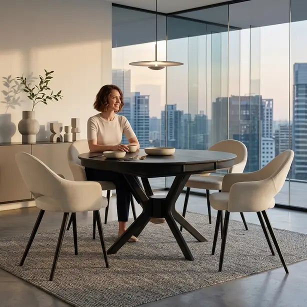  round dark dining table with four upholstered cream chairs in a modern dining room with large floor-to-ceiling windows overlooking a city skyline.