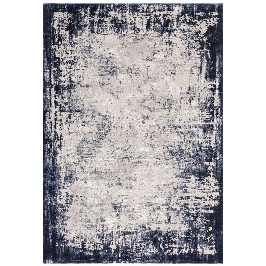 Abstract patterned rug with blue and beige colors on a white background