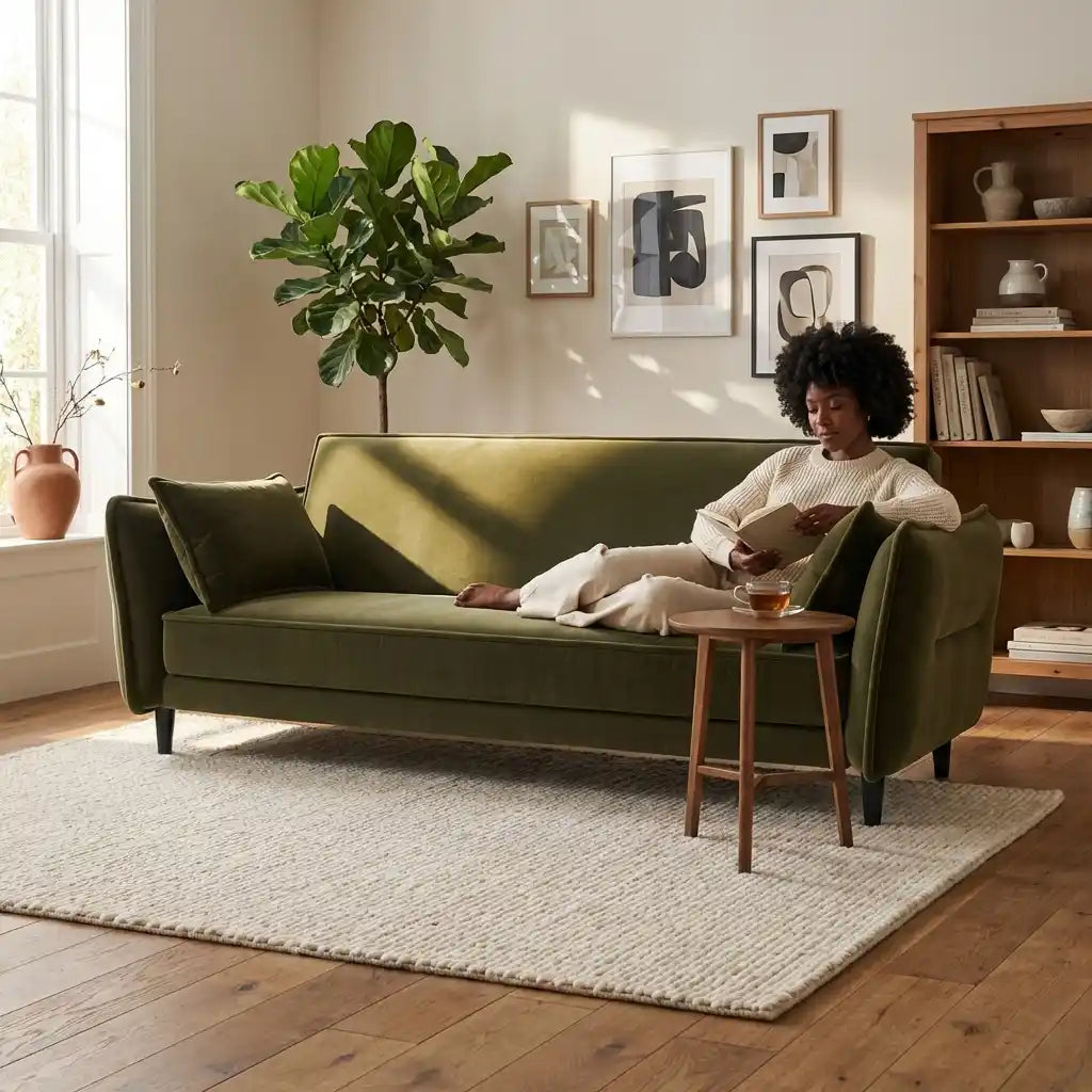 Khaki Green Velvet 3 Seater Click Clack Sofa Bed – Modern Convertible Sofa for Guests