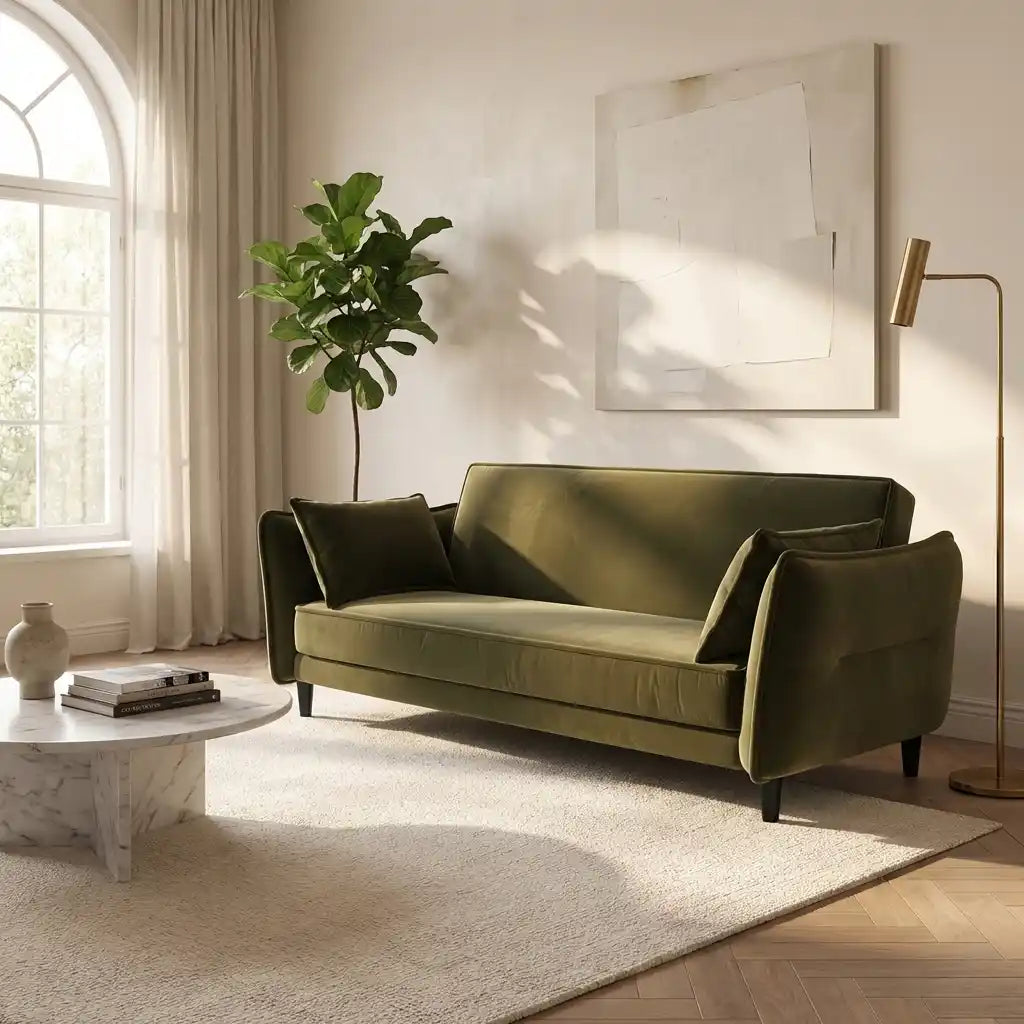 Khaki Green Velvet 3 Seater Click Clack Sofa Bed – Modern Convertible Sofa for Guests