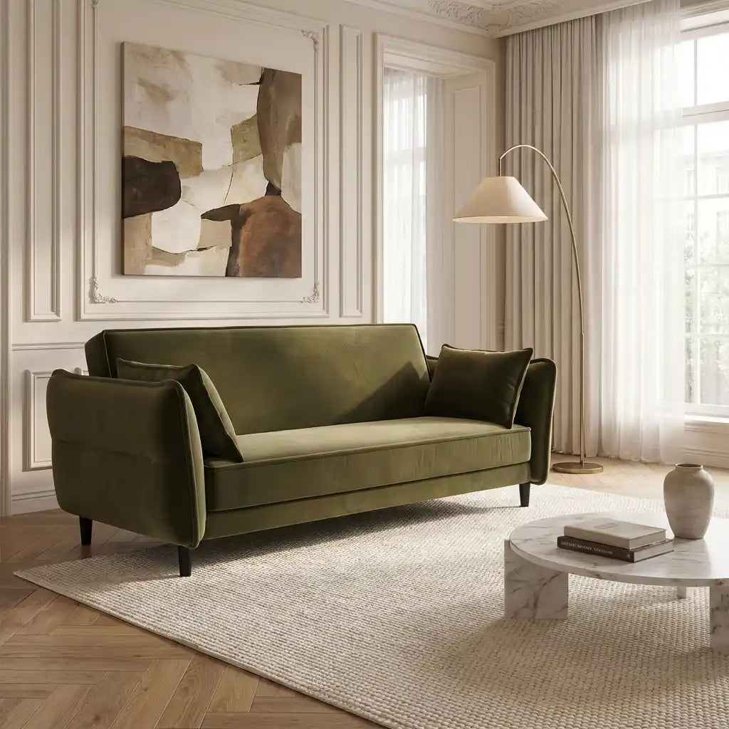 Khaki Green Velvet 3 Seater Click Clack Sofa Bed – Modern Convertible Sofa for Guests