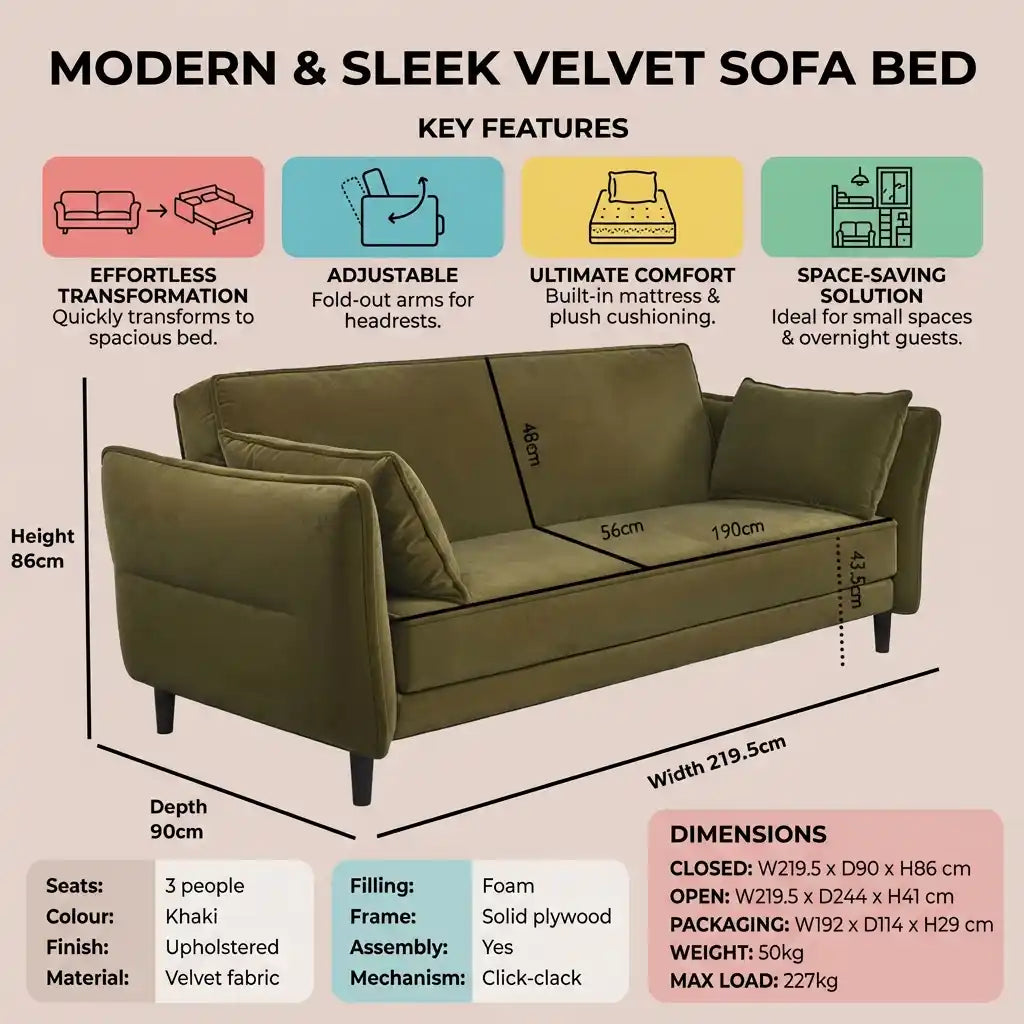 Khaki Green Velvet 3 Seater Click Clack Sofa Bed – Modern Convertible Sofa for Guests