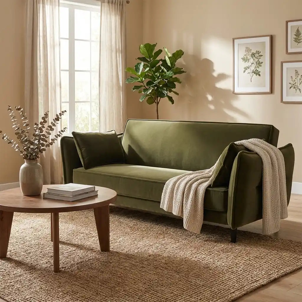 Khaki Green Velvet 3 Seater Click Clack Sofa Bed – Modern Convertible Sofa for Guests
