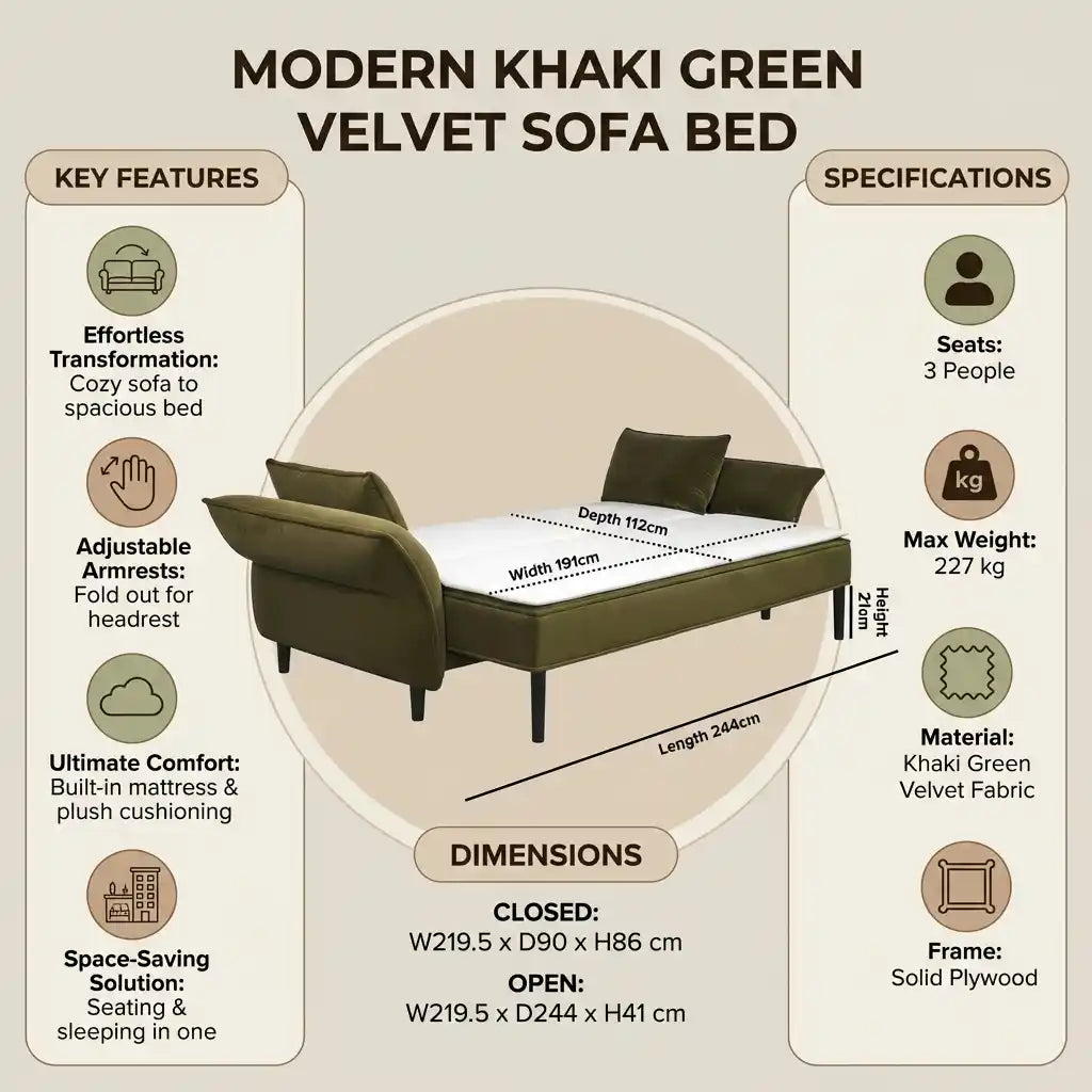 Khaki Green Velvet 3 Seater Click Clack Sofa Bed – Modern Convertible Sofa for Guests