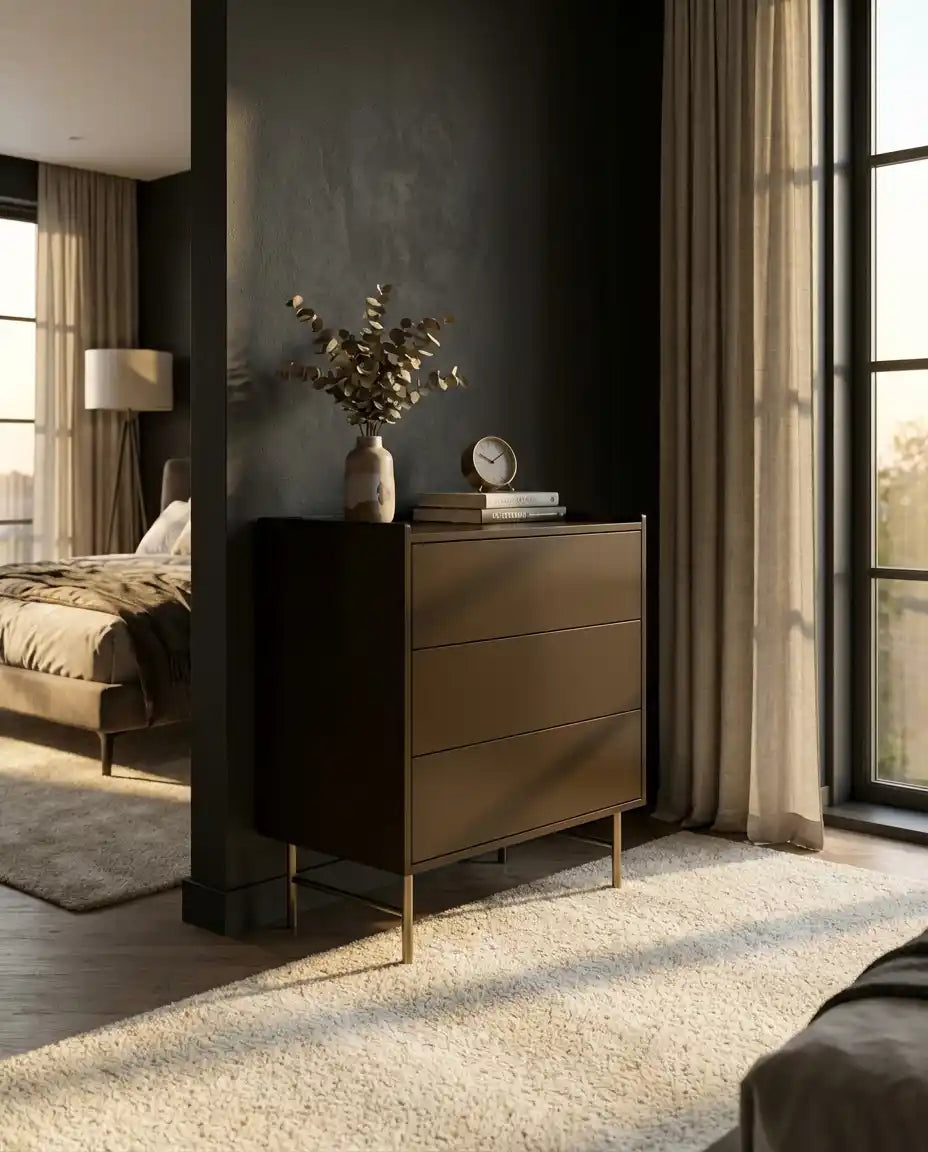 Modern bedroom with a dark wooden dresser against a dark wall.