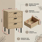 A modern wooden nightstand with two drawers, shown with dimension callouts and material labels on a beige background. The nightstand has a light oak veneer finish, black legs, and black drawer pulls, with red arrows indicating measurements such as 635mm height, 450mm top width, and 400mm front width.