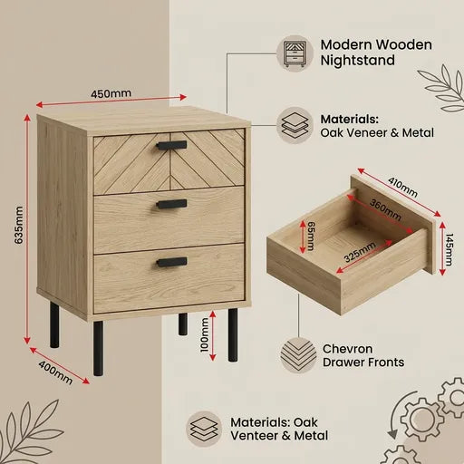 A modern wooden nightstand with two drawers, shown with dimension callouts and material labels on a beige background. The nightstand has a light oak veneer finish, black legs, and black drawer pulls, with red arrows indicating measurements such as 635mm height, 450mm top width, and 400mm front width.
