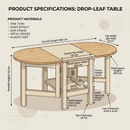 Product specifications diagram for a drop-leaf table, showing labeled dimensions, material notes, and a rendered front view of the table on a light beige background.