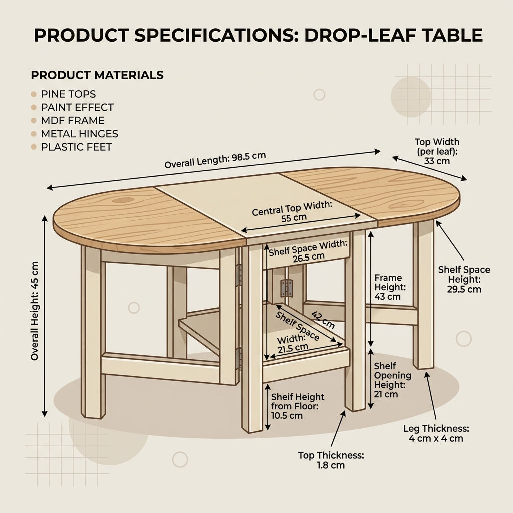 Product specifications diagram for a drop-leaf table, showing labeled dimensions, material notes, and a rendered front view of the table on a light beige background.