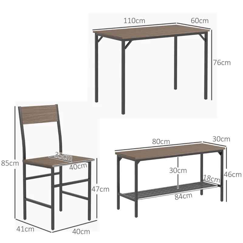 Furniture set with table, chair, and bench with dimensions labeled