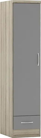 A tall narrow wardrobe or tall storage cabinet with a light wood grain exterior and a gray front door, featuring a slim silver handle and a matching gray drawer pull on the bottom drawer.