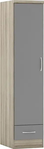A tall narrow wardrobe or tall storage cabinet with a light wood grain exterior and a gray front door, featuring a slim silver handle and a matching gray drawer pull on the bottom drawer.