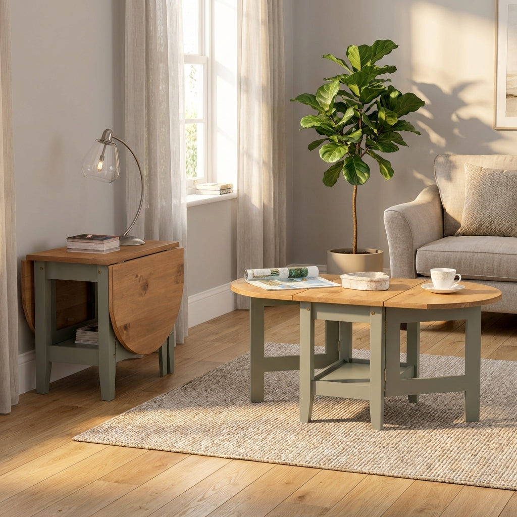A rustic two-tone wooden coffee table in a styled living room setting, featuring a light oak top and sage green legs, alongside a matching side table and a potted fiddle-leaf fig plant.