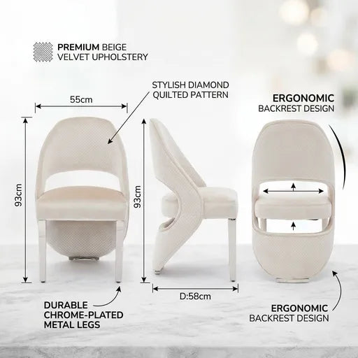 An off-white/beige upholstered dining chair shown from multiple angles with measurement callouts and feature labels, including premium beige velvet upholstery, diamond-quilted pattern, ergonomic backrest design, and durable chrome-plated metal legs.