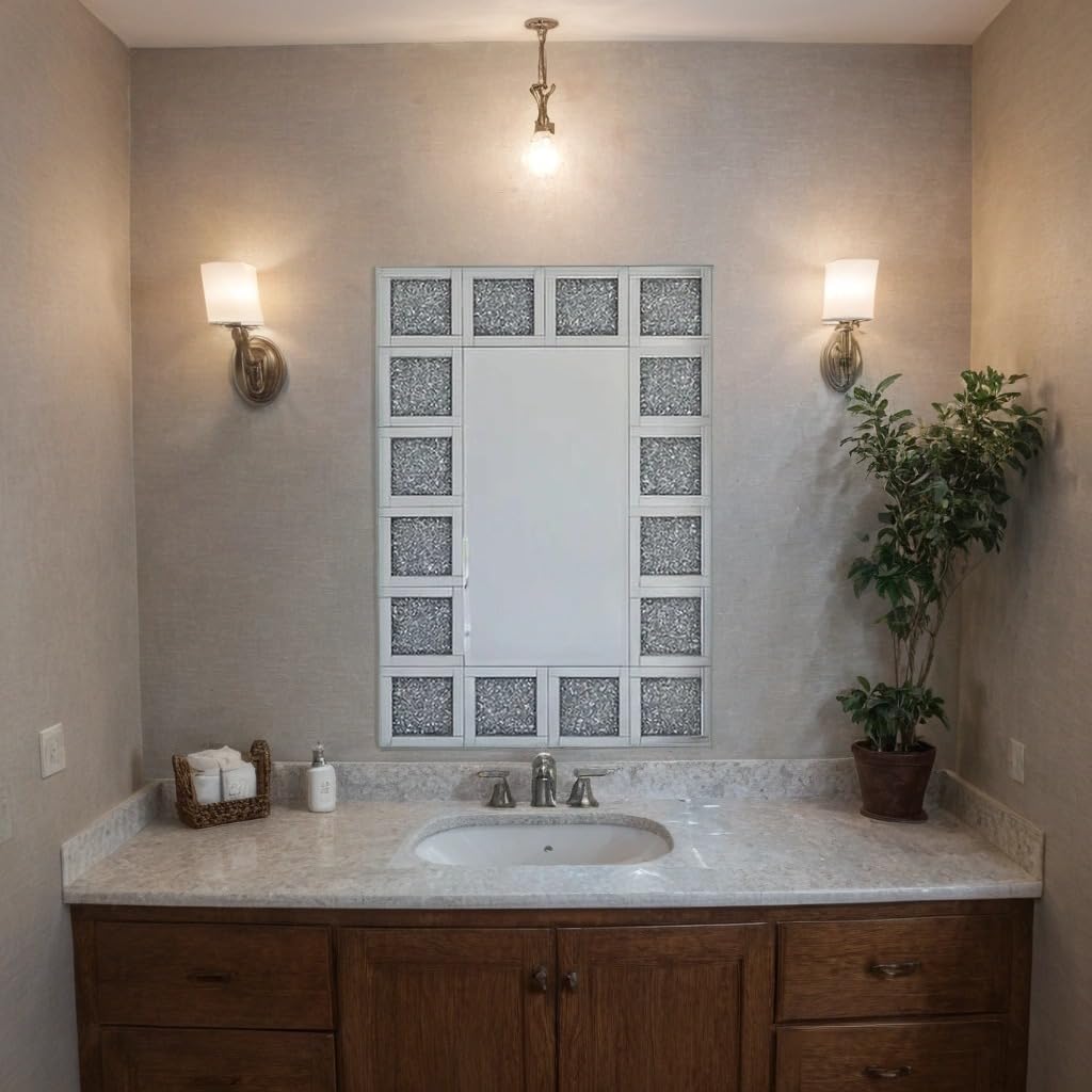 Bathroom with vanity, mirror, and decorative elements