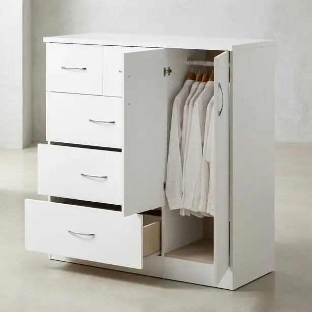 A white compact wardrobe with four drawers on the left, an open door revealing hanging white shirts, and a lower pull-out drawer, shown in a bright minimalist room.