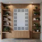 Wooden shelves with plants and a white cabinet with decorative patterns in a modern interior setting.