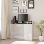 Modern home office with a white desk, computer monitor, and decorative elements.