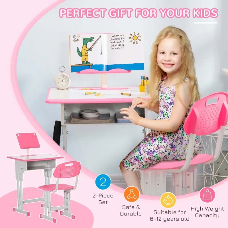 Child sitting at a pink and white desk with chair, surrounded by educational materials.