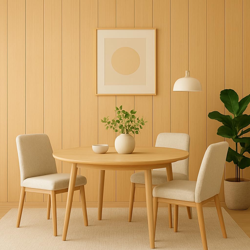 Round wooden dining table with four chairs against a wooden paneled wall.
