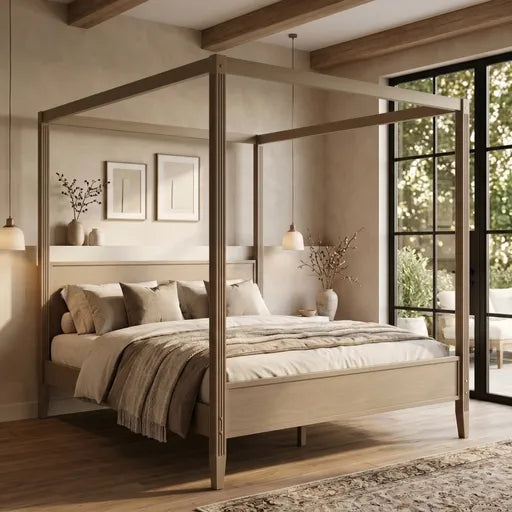 A light natural wood four-poster canopy bed with a matching headboard and footboard, styled in a warm, neutral-toned bedroom with beige walls, wooden ceiling beams, and a large window.
