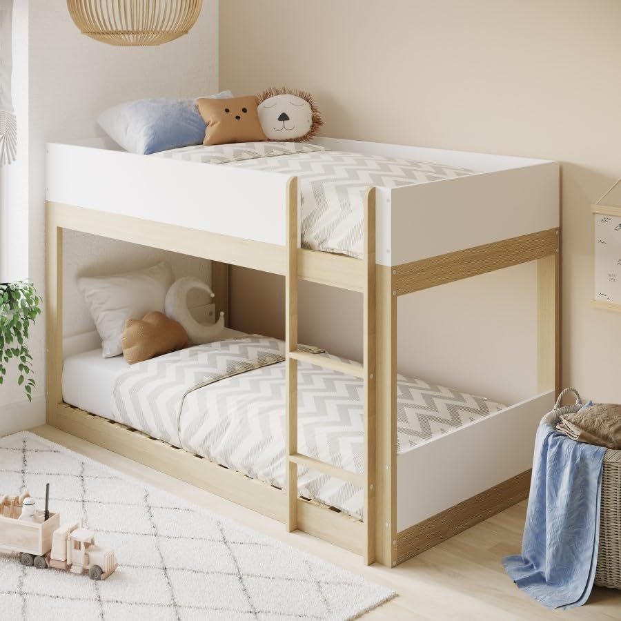 Children's room with a wooden bunk bed, toys, and a basket.