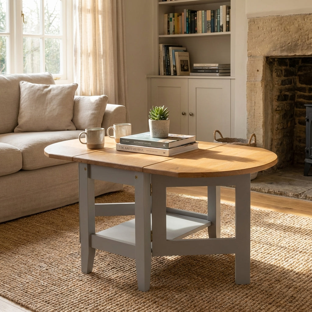 A round wooden coffee table with a light gray painted frame and lower shelf, styled in a bright living room with a sofa, bookshelves, and a fireplace.