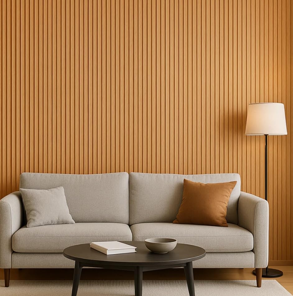 Beige sofa with a coffee table and lamp against a wooden paneled wall